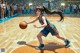 A girl dribbling a basketball on a basketball court.